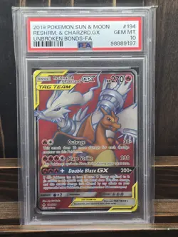 2019 POKEMON SUN & MOON UNBROKEN BONDS FULL ART/RESHIRAM & CHARIZARD GX PSA 10 - Image 1