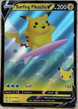 Pokemon TCG SWSH Celebrations Surfing Pikachu V 008/025 Ultra Rare Holo NM - Image 1
