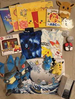 Pokemon TCG Plushies Shirt Pikachu Lucario Umbreon Scorbunny Pez Cards Kids Lot - Image 1