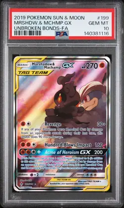 Pokemon Marshadow & Machamp GX Unbroken Bonds Full Art #199 PSA 10 Gem Mint - Image 1