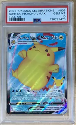 Pokemon Celebrations 009 Surfing Pikachu VMAX PSA 10 Gem Mint Holo Rare Card FA - Image 1