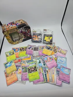 Pokemon TCG 108 CARD LOT W/ 2 SEALED 65 COUNT DECK PROTECTOR SLEEVES & TIN - Image 1