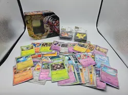 Pokemon TCG 108 CARD LOT W/ 2 SEALED 65 COUNT DECK PROTECTOR SLEEVES & TIN - Image 2