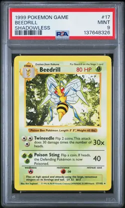 1999 POKEMON GAME SHADOWLESS #17 BEEDRILL PSA 9 - Image 1
