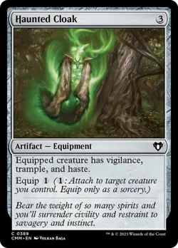 Haunted Cloak 389 CMM Commander Colorless Equipment Foil Haste Trample Baga MTG - Image 1