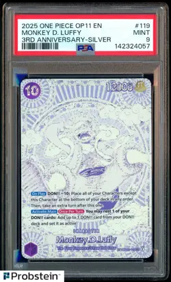 2025 ONE PIECE OP11 MONKEY D LUFFY 3RD ANNIVERSARY SILVER OP05-119 PSA 9 - Image 1