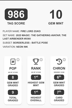 Fire Lord Zuko (Borderless) (Neon Ink Foil)Tag Graded Gem Mint 10 Highest Grade - Image 3
