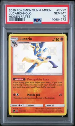 2019 POKEMON SUN & MOON HIDDEN FATES #SV22 LUCARIO-HOLO PSA 10 - Image 1