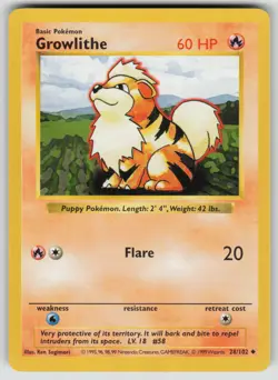 Pokemon Growlithe Uncommon Base Set (Shadowless) 028/102 NM - Image 1