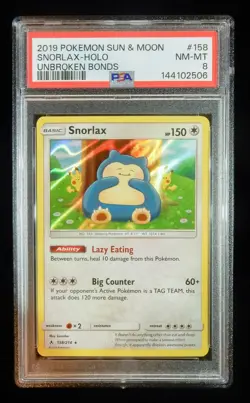 2019 Pokemon Snorlax Holo Foil Unbroken Bonds 158/214 PSA 8 - Image 1