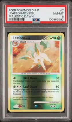 2008 POKEMON MAJESTIC DAWN LEAFEON #7 REVERSE HOLO FOIL PSA 8 NM #100962693 - Image 1