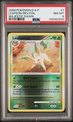 2008 POKEMON MAJESTIC DAWN LEAFEON #7 REVERSE HOLO FOIL PSA 8 NM #100962695 - Image 1