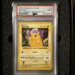 Pokemon Card Shadowless Pikachu Yellow Cheeks PSA 9 Mint, Base Set #58 WOTC 1999 - Image 1