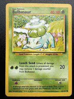 FREE SHIPPING BULBASAUR - Base Set - 44/102 Pokemon Card - Unlimited Edition - Image 1