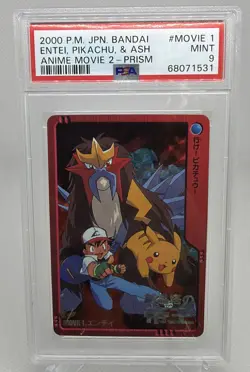 Carddass 2000 P.M. JPN. Bandai, Entei, Pikachu & Ash Anime Movie 2 Prism Holo - Image 1