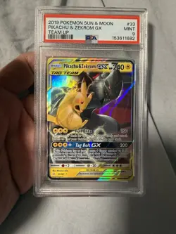 2019 POKEMON SUN & MOON TEAM UP #33 PIKACHU & ZEKROM GX PSA 9 - Image 1