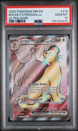 2025 POKEMON EN-DESTINED RIVALS ULTRA RARE TEAM ROCKET'S PERSIAN EX 219 PSA 10 - Image 1