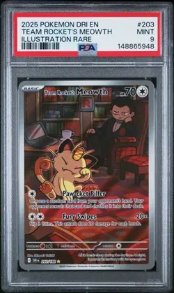 Pokemon Team Rocket's Meowth 203/182 DRI Illustration Rare PSA 9 Mint 203 Mint - Image 1
