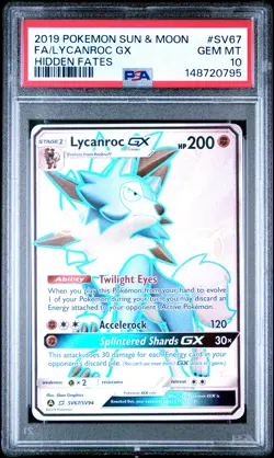 2019 Pokemon Sun & Moon Hidden Fates #SV67 Fa/Lycanroc Gx PSA10 - Image 1