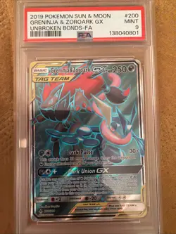2019 POKEMON SUN & MOON UNBROKEN BONDS #200 FULL ART/GRENINJA & ZOROARK GX PSA 9 - Image 1