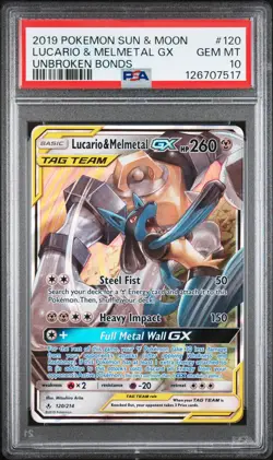 2019 POKEMON SUN & MOON UNBROKEN BONDS #120 LUCARIO & MELMETAL GX PSA 10 - Image 1