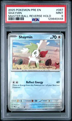 2025 POKEMON PRE EN-PRISMATIC EVOLUTIONS MASTER BALL REVERSE HOLO SHAYMIN PSA 9 - Image 1
