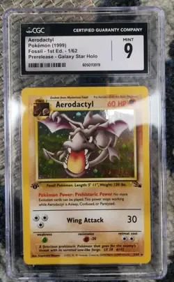 Galaxy HOLO Aerodactyl Prerelease 1/62 1st Edition Pokemon Fossil CGC 9 Stamped - Image 1