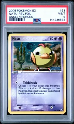 2005 POKEMON EX UNSEEN FORCES #63 NATU REVERSE FOIL PSA 9 - Image 1