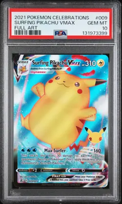 2021 POKEMON CELEBRATIONS #009 FULL ART/SURFING PIKACHU VMAX PSA 10 - Image 1