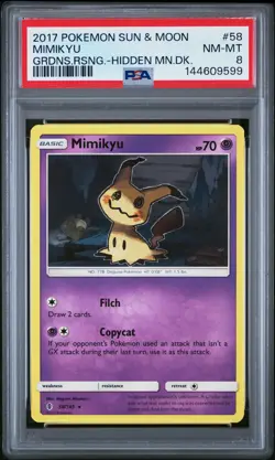 2017 POKEMON SUN & MOON GUARDIANS RISING HIDDEN MOON DECK #58 MIMIKYU PSA 8 - Image 1