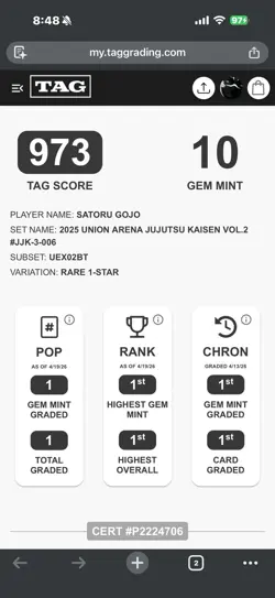 Jujutsu Kaisen TAG 10 Satoru Gojo JJK-3-006 Union Arena 1 Star POP 1 - Image 2