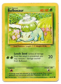Vintage Pokemon Card "Bulbasaur" Base Set #44/102 Common Unlimited Jan 1999 - Image 1