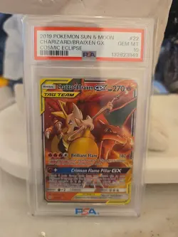 Pokemon PSA 10 GEM Charizard & Braixen GX 22/236 Cosmic Eclipse Holo 2019 - Image 1