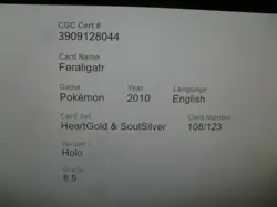 CGC 8.5 Feraligatr Prime Holo Rare 108/123 HeartGold SoulSilver Pokemon Card - Image 4