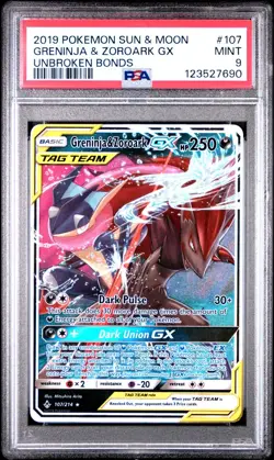 Greninja & Zoroark GX 107/214 Sm-Unbroken Bonds Holo PSA 9 Pokemon Card Mint - Image 1