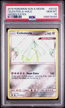 2019 POKEMON SUN & MOON HIDDEN FATES #SV32 CELESTEELA-HOLO PSA 10 - Image 1