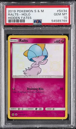 2019 POKEMON SUN & MOON HIDDEN FATES #SV34 RALTS-HOLO PSA 10 - Image 1