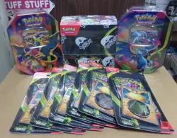 POKEMON (2) CHARIZARD TINS + PERFECT ORDER BOOSTER BOX & (6) CHECKLANE PACKS - Image 1