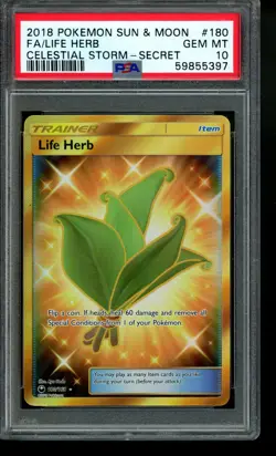 2018 Pokemon Sun & Moon Celestial Storm Life Herb Full Art Secret 180/168 PSA 10 - Image 1