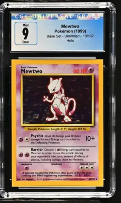 CGC 9 - 1999 Base Set Mewtwo 10/102 ERROR Square Cut HOLO Base Set Pokemon Card - Image 1