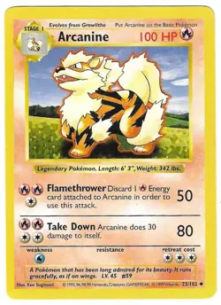 Pokemon TCG Original Base Set Arcanine Stage 1 Shadowless Card #023/102 EUC - Image 1