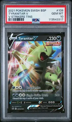 2021 POKEMON SWSH BLACK STAR PROMO V STRIKERS TINS #109 TYRANITAR V PSA 10 - Image 1