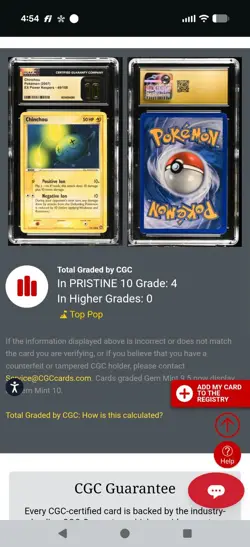 (POP 4) CGC 10 PRISTINE Chinchou 2007 EX Power Keepers 49/108 Pokemon Card - Image 4