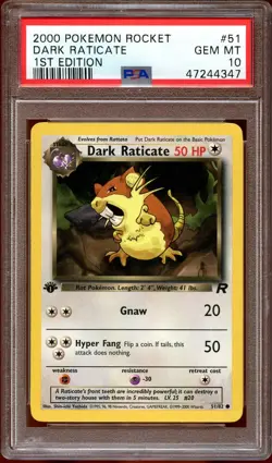 PSA 10 GEM MINT Dark Raticate 51/82 Team Rocket 1ST EDITION Pokemon Card - Image 1
