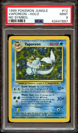PSA 9 MINT Vaporeon 12/64 ERROR NO SYMBOL Jungle HOLO RARE Pokemon Card - Image 1