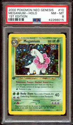 PSA 8 NM-MINT Meganium 10/111 HOLO RARE Neo Genesis 1ST EDITION Pokemon Card - Image 1