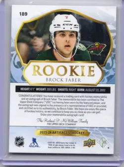 2023 UPPER DECK ARTIFACTS #189 BROCK FABER AUTO MATERIAL EMERALD PATCH RC /45 - Image 2