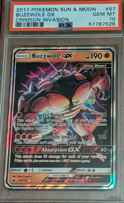PSA 10 Pokemon Buzzwole GX 57/111 Ultra Rare Holo SM Crimson Invasion 2017 - Image 1