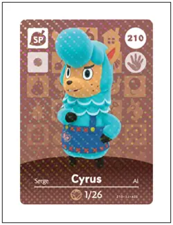 210 Cyrus, Animal Crossing Amiibo Card - Series 3, Authentic, NM - Image 1