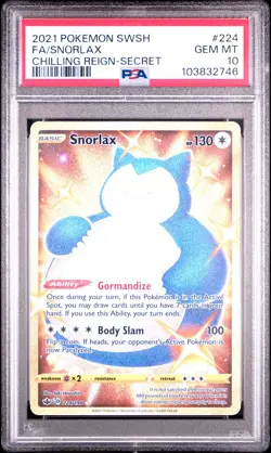 2021 POKEMON SWORD & SHIELD CHILLING REIGN SECRET #224 FULL ART/SNORLAX PSA 10 - Image 1